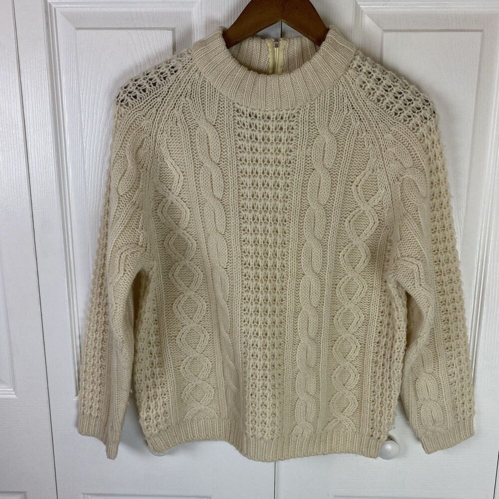 Vintage 100% Pure Wool British Wool M White Sweater Cable Knit Fisherman Cream
